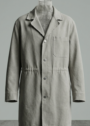 Deconstructed men's cement grey canvas lab coat with raw edges.