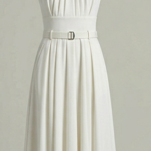 Optic white sleeveless formal dress with architectural bodice pleating and utility belt.