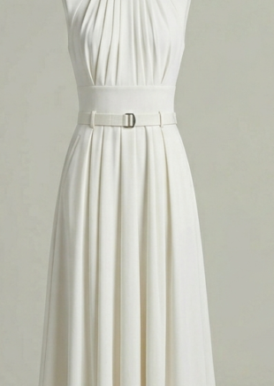 Optic white sleeveless formal dress with architectural bodice pleating and utility belt.