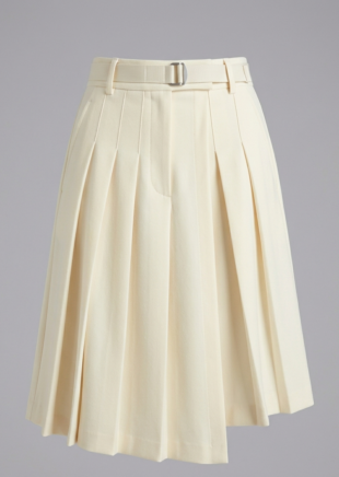 Women's ivory wool-twill pleated skort with asymmetrical hem front view.