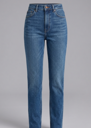 Women's high-rise slim-straight indigo denim jeans front view.
