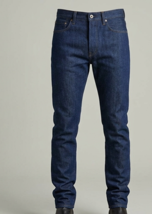 Men's slim-fit indigo denim jeans in deep blue wash for smart-casual wear.
