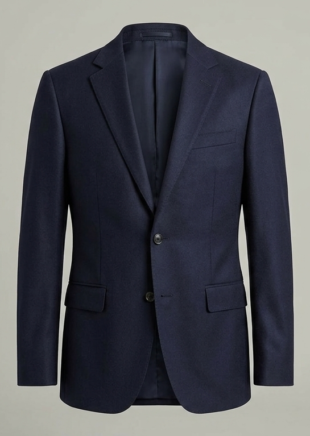 Men's premium navy wool blazer front view on ghost mannequin.
