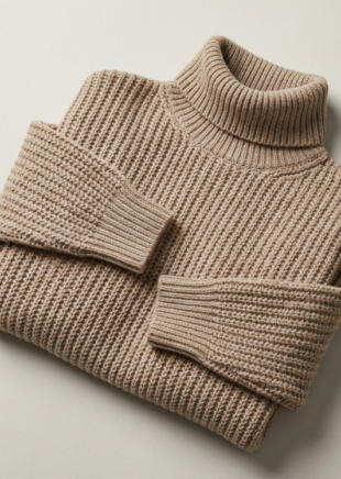 Oversized mushroom oat shaker-stitch wool turtleneck sweater flat lay.