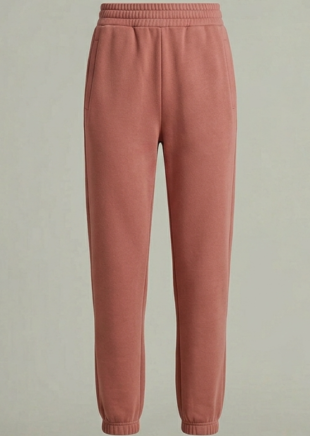 High-waisted dusty rose women's fleece sweatpants with elastic ankle cuffs.
