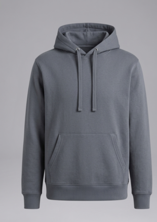 Premium unisex slate grey hoodie with kangaroo pocket front view.