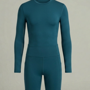 Men's deep teal long-sleeve compression top and matching athletic shorts set.
