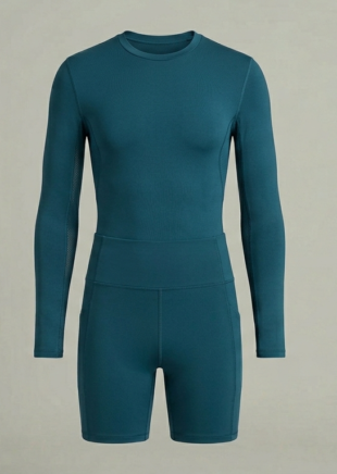 Men's deep teal long-sleeve compression top and matching athletic shorts set.