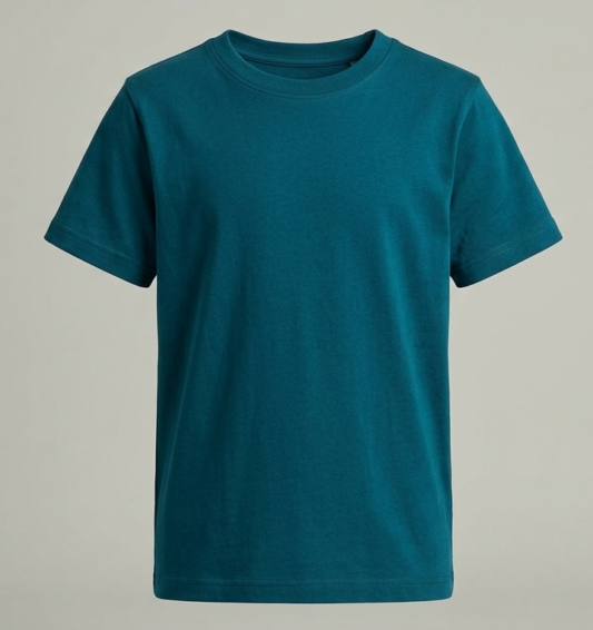Kids' deep teal premium cotton t-shirt front view on ghost mannequin.