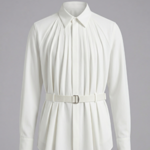 Optic white pleated formal shirt with sunburst pleats and utility belt.