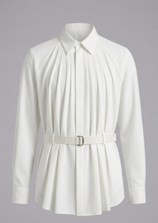 Optic white pleated formal shirt with sunburst pleats and utility belt.