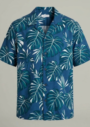 Men's Ocean Blue Hawaiian shirt with white Monstera leaf pattern front view.