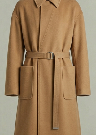 Men's oversized camel wool-blend long coat with wrap-front and belt.