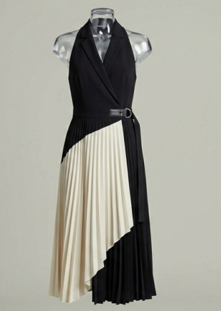 Black and ivory asymmetrical pleated halter midi dress front view.