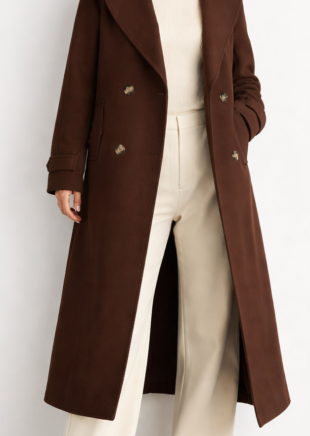 Elegant brown longline wool overcoat for women with double breasted design on white background