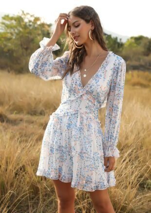 Women's Boho Floral Chiffon Ruffle Mini Dress