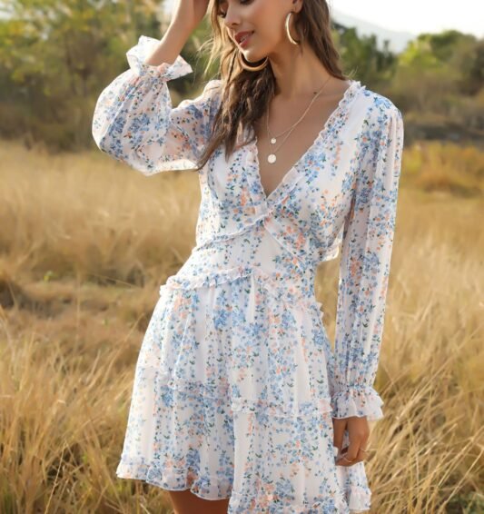 Women's Boho Floral Chiffon Ruffle Mini Dress