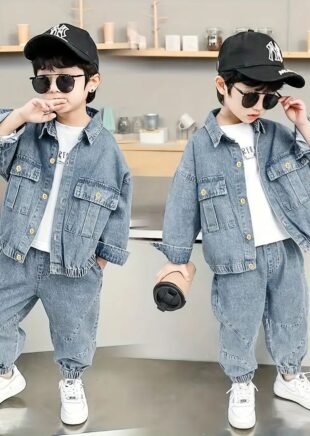 Full front view of kids 2-piece denim set featuring oversized jean jacket and matching joggers.